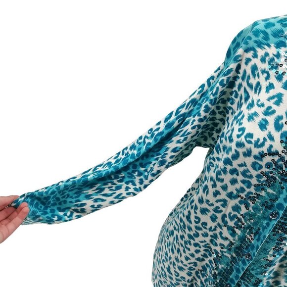 Quacker Factory Blue Leopard Print Sequin Lightweight Cardigan Sweater Size S - Picture 5 of 12